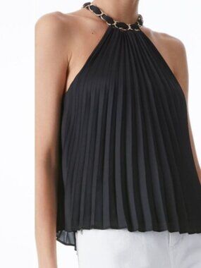 NEW Alice & Olivia Alycia Chain Neck Top Black Onyx‎ Pleated Size Small Halter S